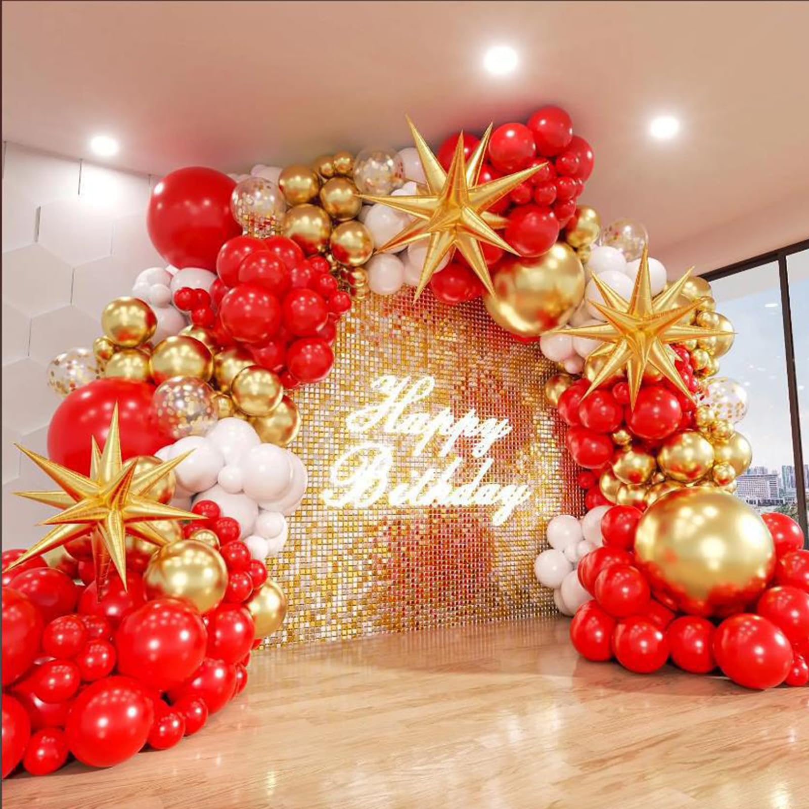 231Pcs Red and Gold Balloon Arch Kit with Foil Star Balloons, Birthday, New Years Eve Party Decorations, Confetti Latex Balloons for Graduation - Red and GoldBalloon Arch Kit (Red Gold) โ image 1
