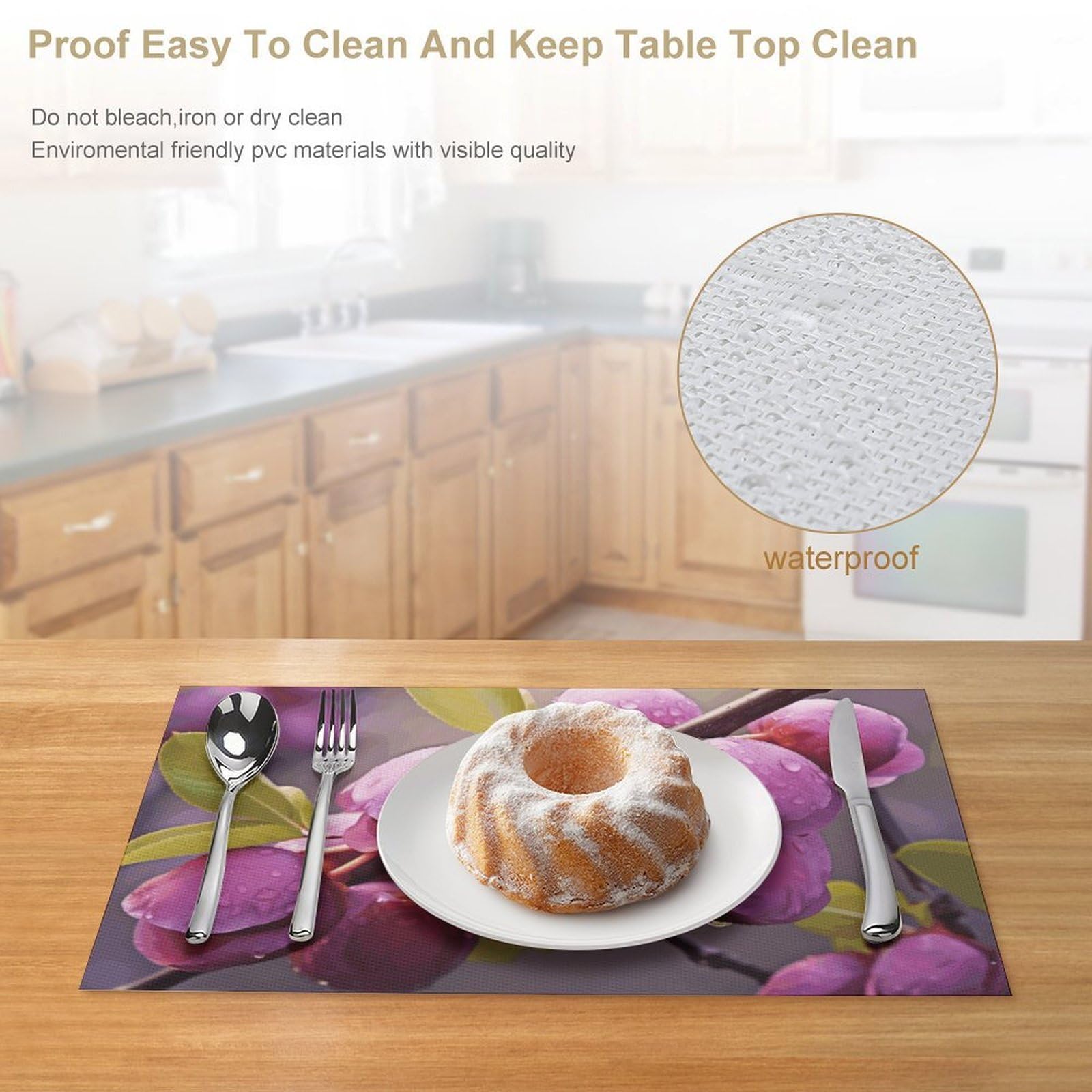 Blooming Plum - Set di 6 tovagliette in PVC, lavabili, resistenti al calore, antiscivolo, impermeabili, per interni ed esterni, tavolo da pranzo, cucina, feste