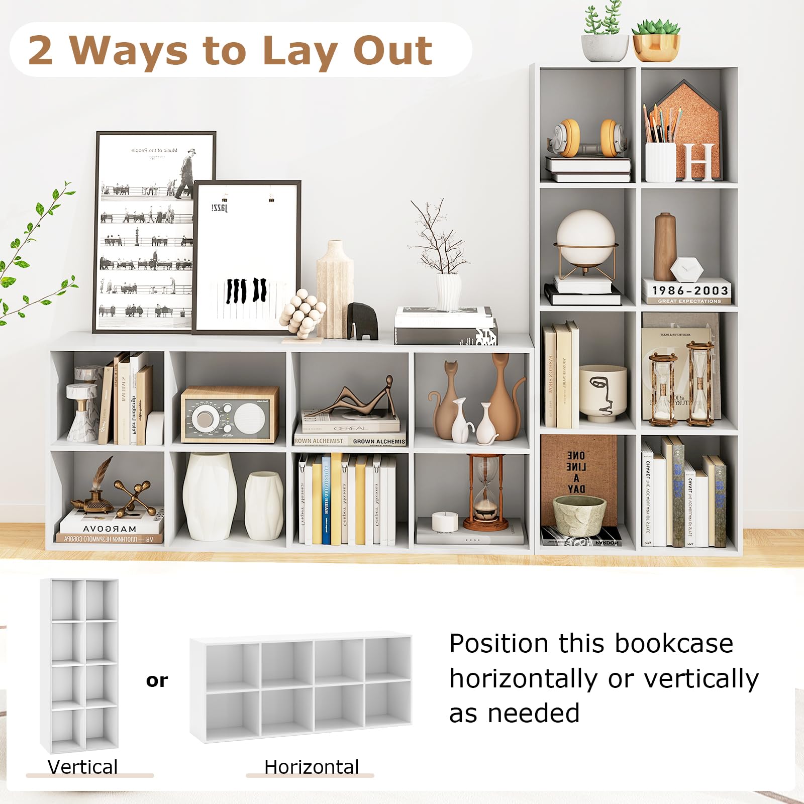 KOMFOTTEU Libreria Scaffale con 8 Cubi, Libreria Legno con 2 Dispositivi Antiribaltamento, Mobile Contenitore per Soggiorno, Camera da Letto, Ufficio, 121,5 x 29 x 61 cm (Bianco)