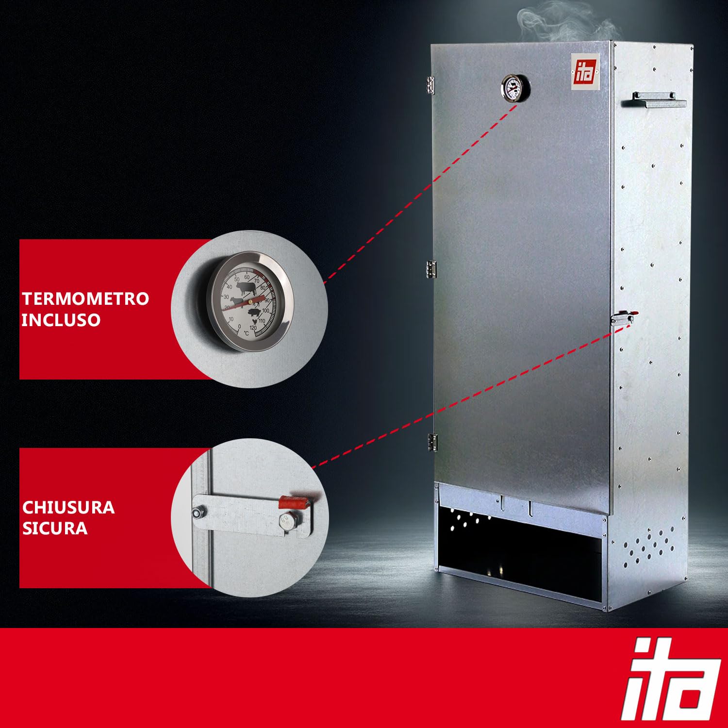 ITA affumicatore 7003 - Set generatore fumo XL con termometro - acciaio legato - qualità EU direttamente dal produttore - 111 cm con 4 piani