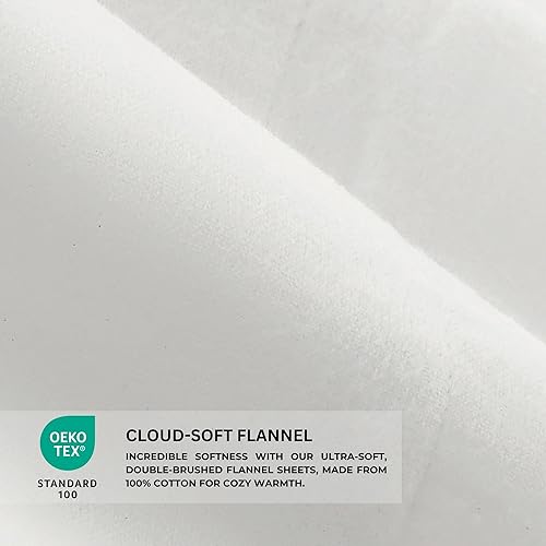 Miniatura 3 de Featherhead Juego de sábanas de franela de 100% algodón, 4 piezas, tamaño matrimonial, color blanco, doble cepillado para mayor suavidad, cálido y