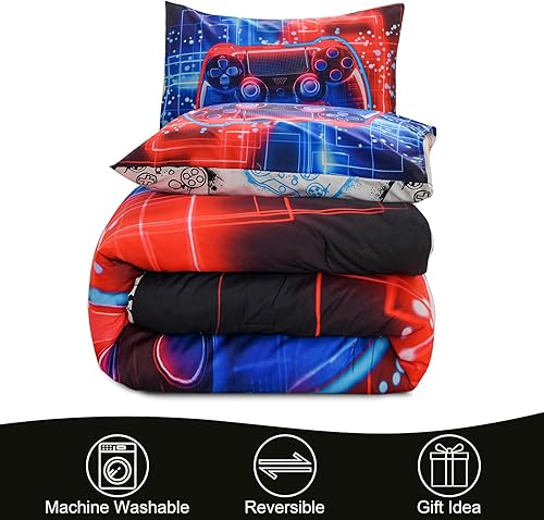Miniatura 5 de Meeting Story Juego de ropa de cama con estampado de consola de videojuegos fluorescencia rojo-azul para niños, juego de ropa de cama para consola