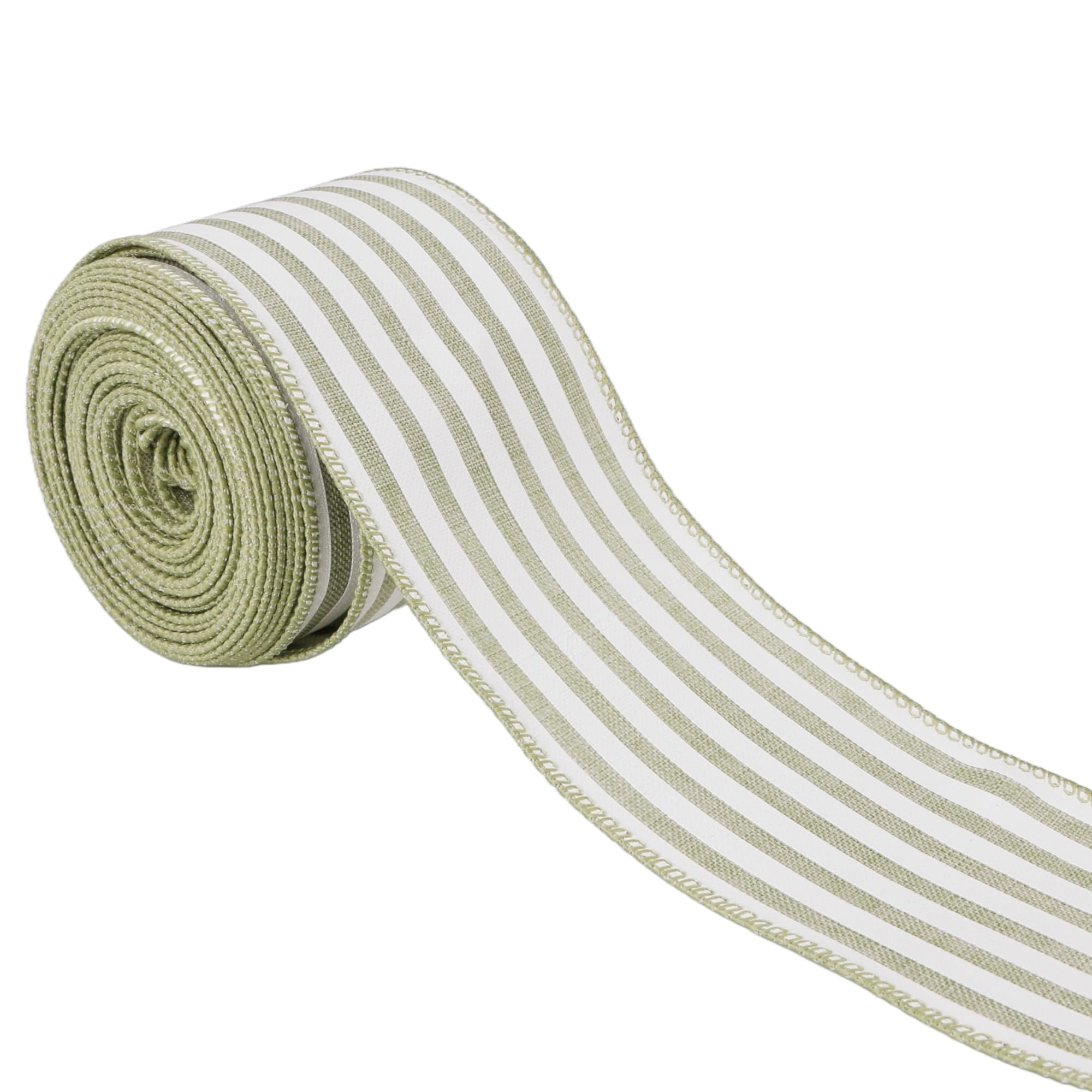 Meseey Striped Wired Edge Ribbon 2.5 Inch White Natural Color Stripe Craft Ribbon Farmhouse Fabric Ribbon for DIY Projects, Gift Wrapping, Wreaths, Christmas Decoration (Sage Green)