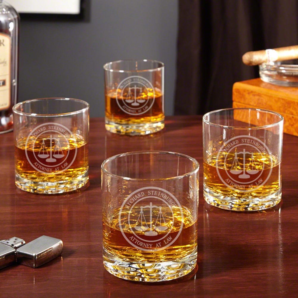 Scales of Justice Personalized Buckman Whiskey Glasses for Lawyers, Set of 4 (Custom Product)
