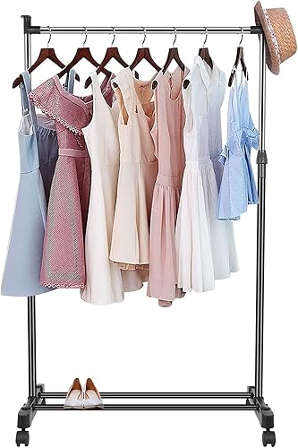 KOCASO Perchero portátil de altura ajustable, estante de ropa simple rodante estándar para barra de ropa portátil pequeño, organizador de ropa de