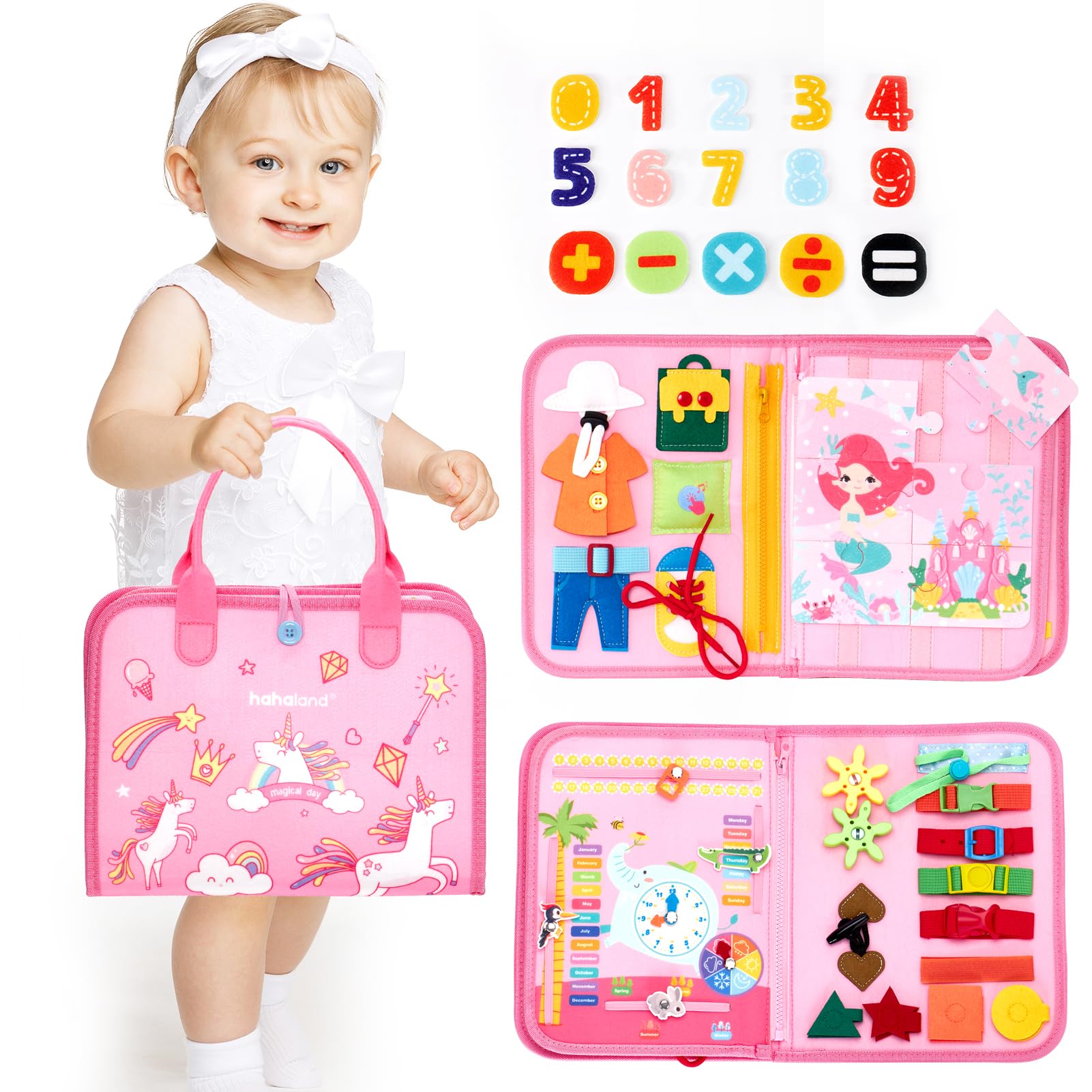 hahaland Busy Board Montessori Unicorno - Giochi Bambina 2 3 Anni Educativo Regalo attività, Valigetta Interattiva Pannello Sensoriale con 9 attività