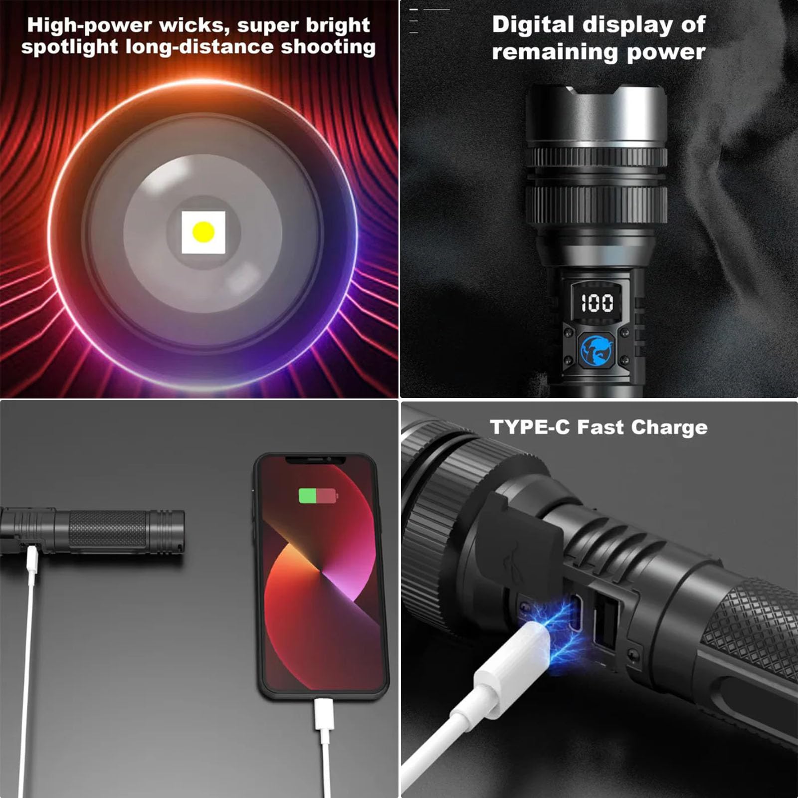 Linternas - Torcia di sopravvivenza 2025, torcia tattica ricaricabile a LED, ad alta luminosità, impermeabile, zoomabile, luce portatile per campeggio, 2 pezzi