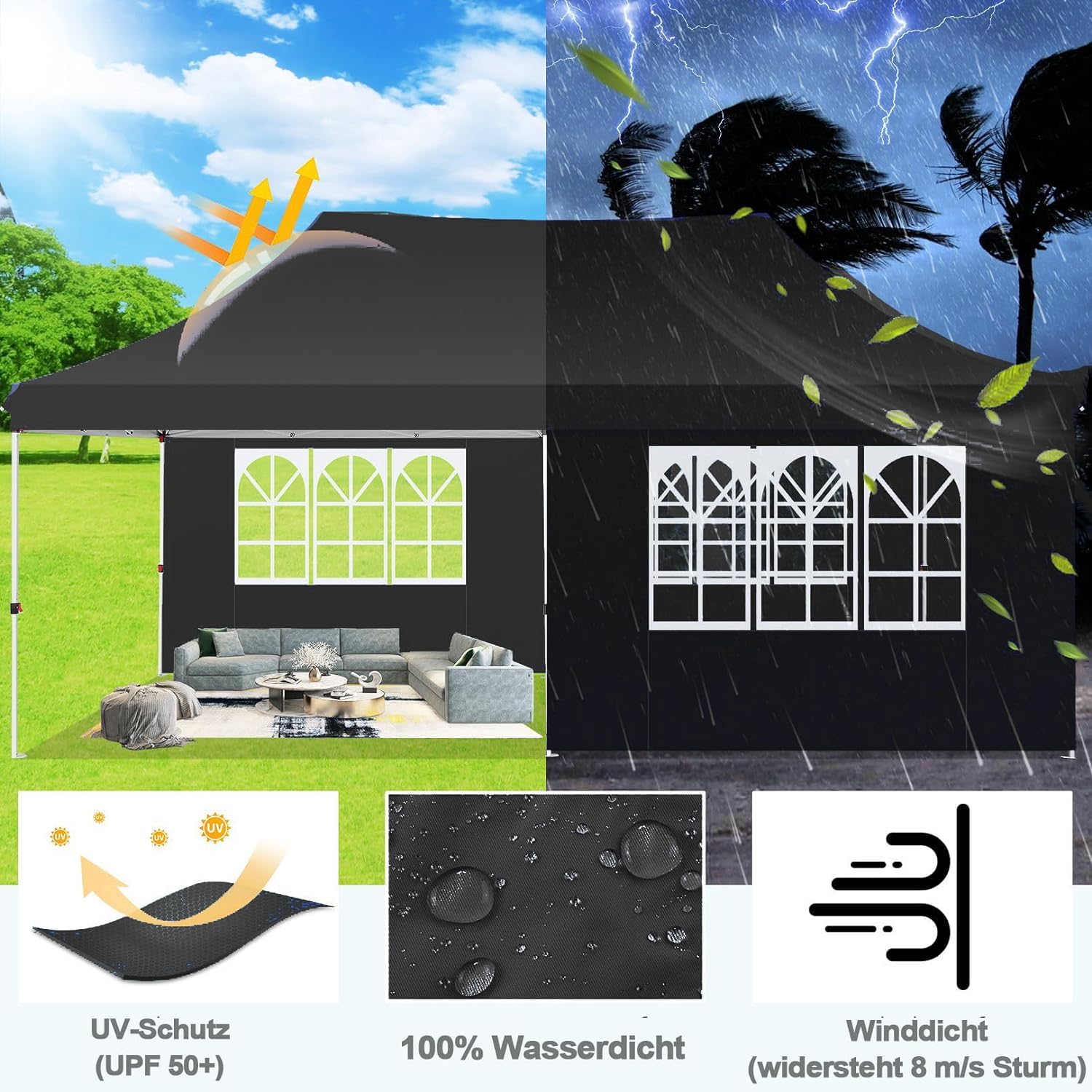 COBIZI Faltpavillon 3X6, Pavillon 3x6m Wasserdicht Stabil Winterfest, Faltbar Partyzelt mit 6 Seitenwänden & 4 Sandsack Pop up Gartenpavillon Anti-UV für Hochzeiten, Freien, Schwarz