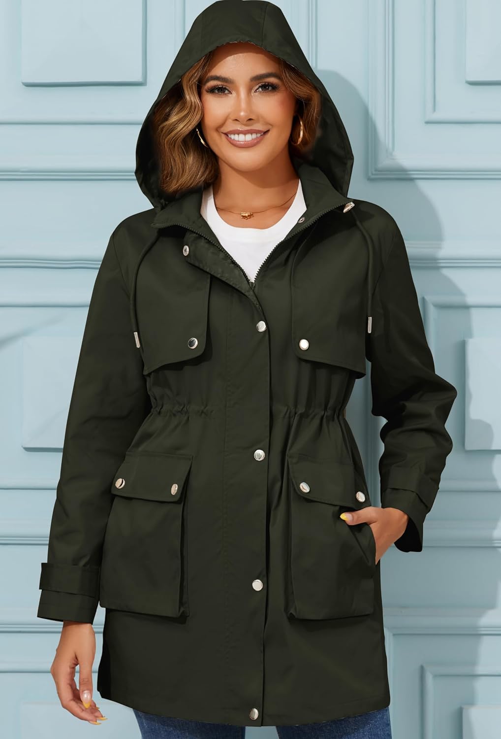 PESION Women's Waterproof Long Rain Jacket Lightweight Raincoat Lined Windbreaker Trench Coat for Outdoor Travel Hiking - Image 7