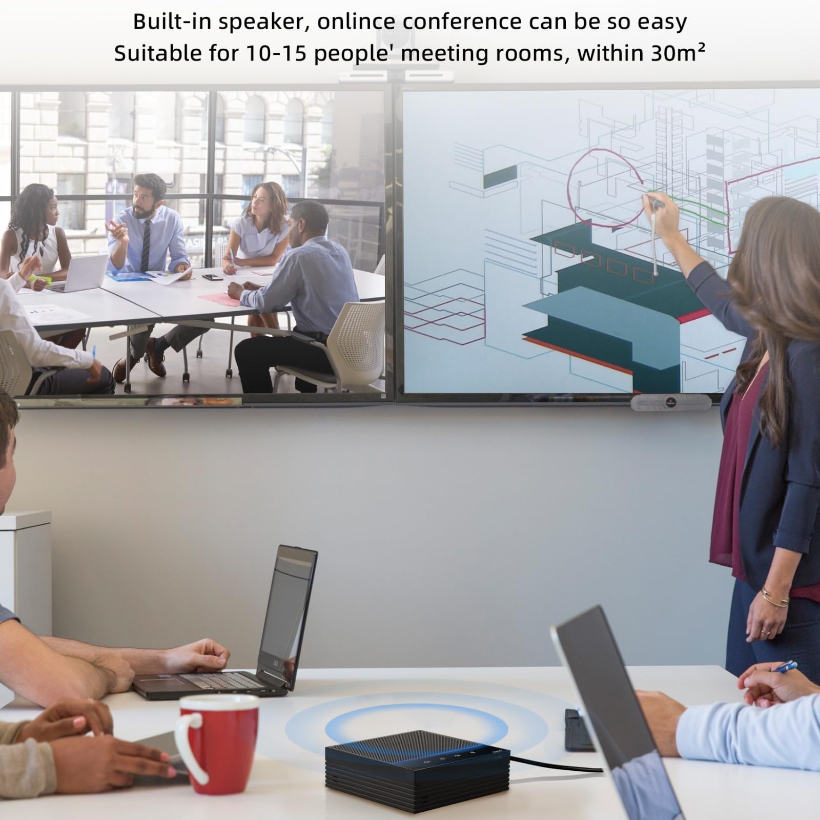 EMEBAY Altoparlante per PC e microfono da conferenza USB, con 2 microfoni omnidirezionali a 360°, riduzione del rumore tramite AI, tasto muto per sala riunioni o stazione di telelavoro