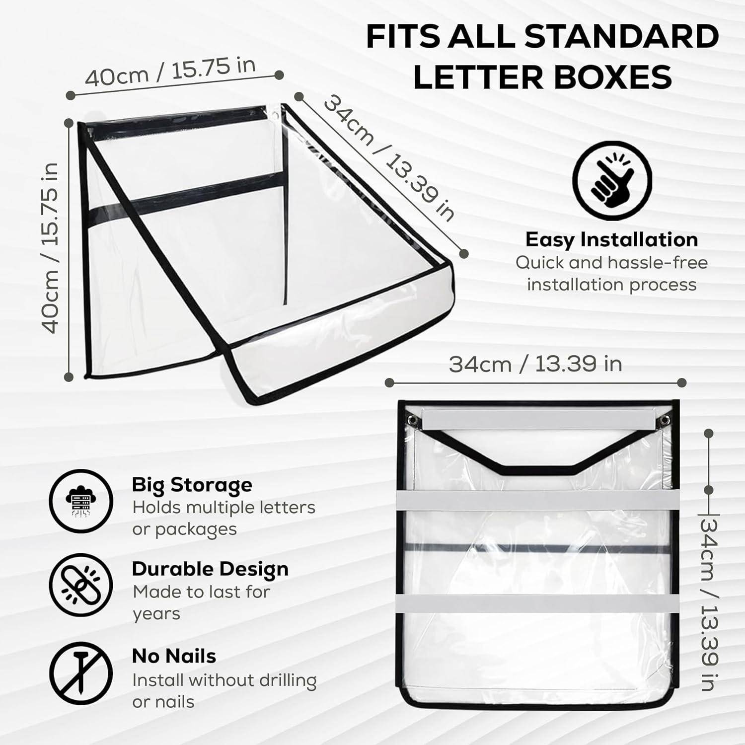 Mail Slot Catcher, Post Letter Box Cage Ideal for UPVC, Glass, Wood and Metal Doors. Strong Adhesive Letters, Small Packages, Magazines. No Screws or Tools Required (Clear Transparent)