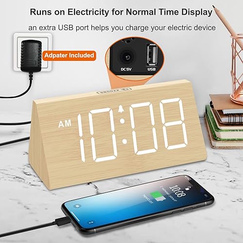 Miniatura 5 de DreamSky Wooden Digital Alarm Clocks for Bedrooms - Electric Desk Clock with Large Numbers, USB Port, Battery Backup Alarm, Adjustable Volume,