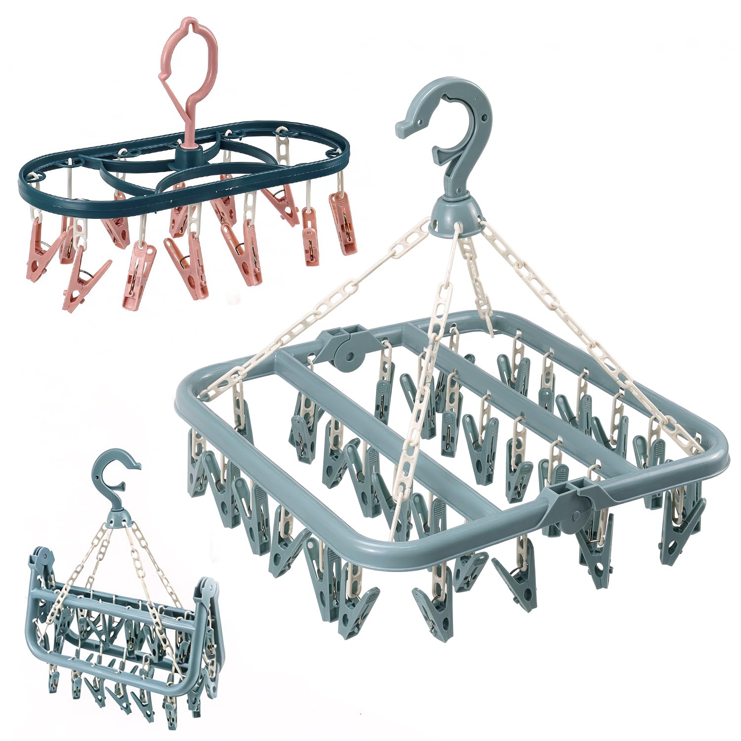 2 Pcs Foldable Clothes Drying Rack with 32 Clips & 12 Clips,Blue
