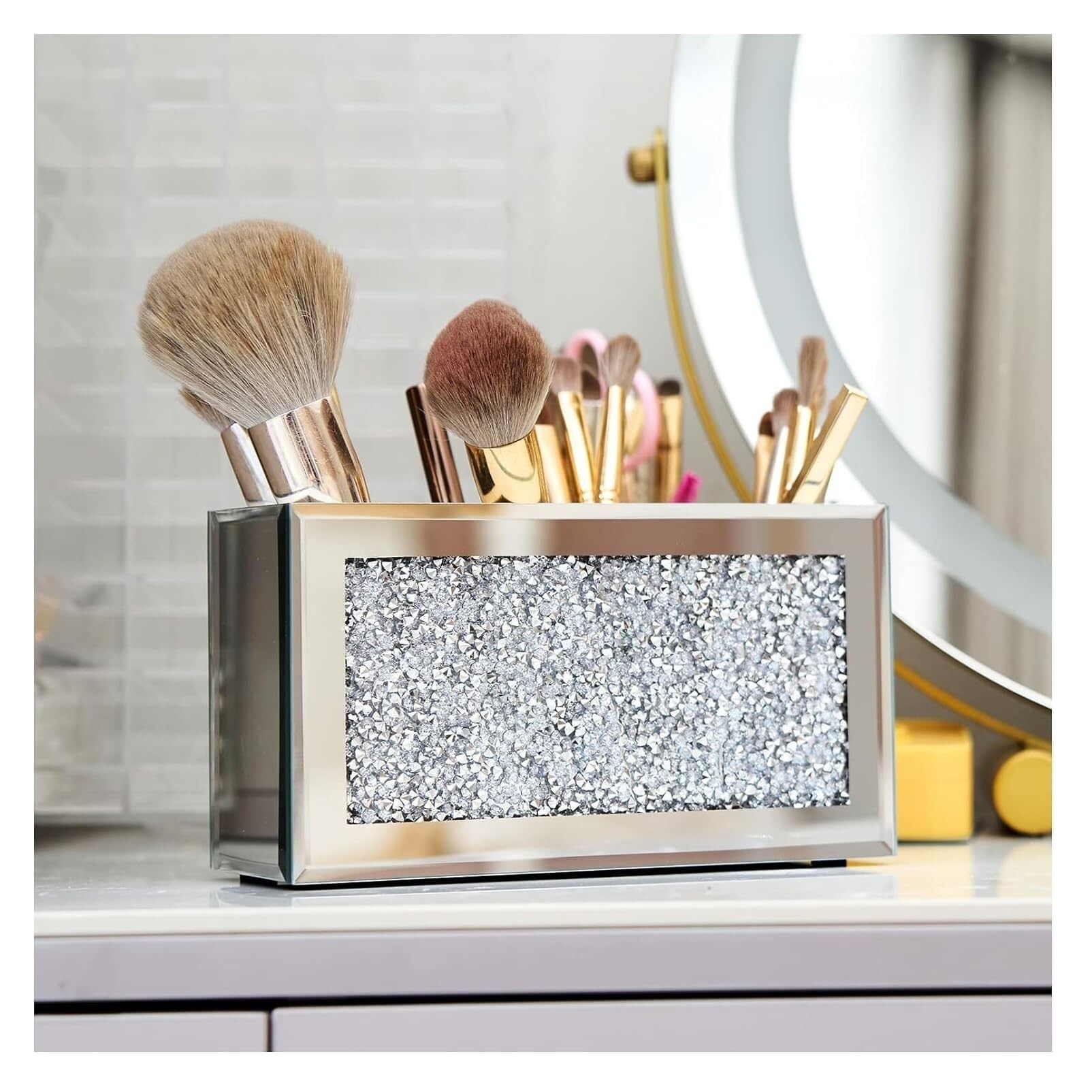 Kosmetik Make Up Organizer Make-up-Pinselhalter Mit 3 Fächern Für Vanity Cosmetic Storage Organizer Bling Crushed Diamond Eyeliners Eyebrow Vitrine Schmink Beauty Zubehör
