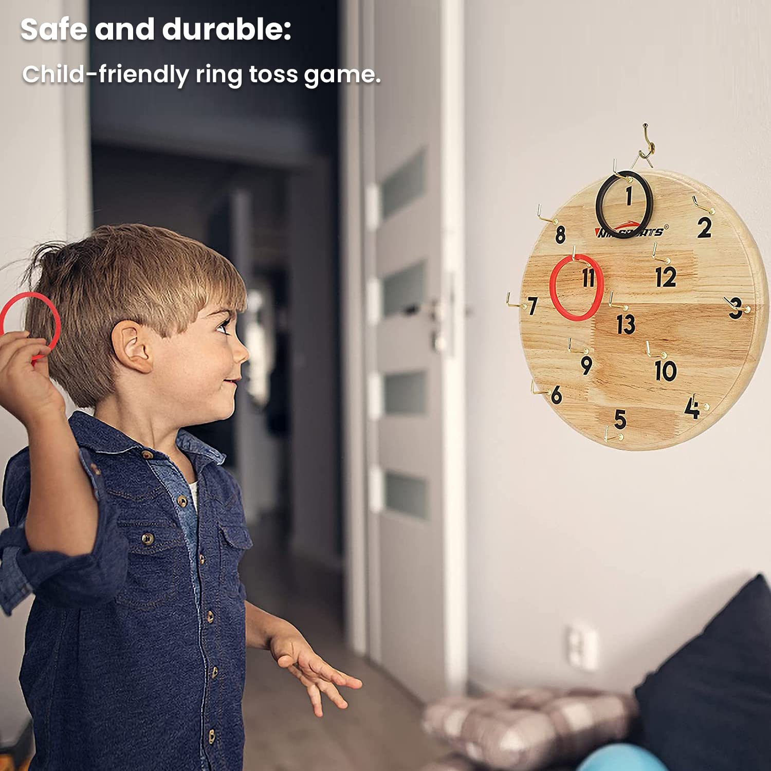 Hookey Game, Ring Throwing Game with Target, Wooden Skill Games for Children and Adults - Image 4