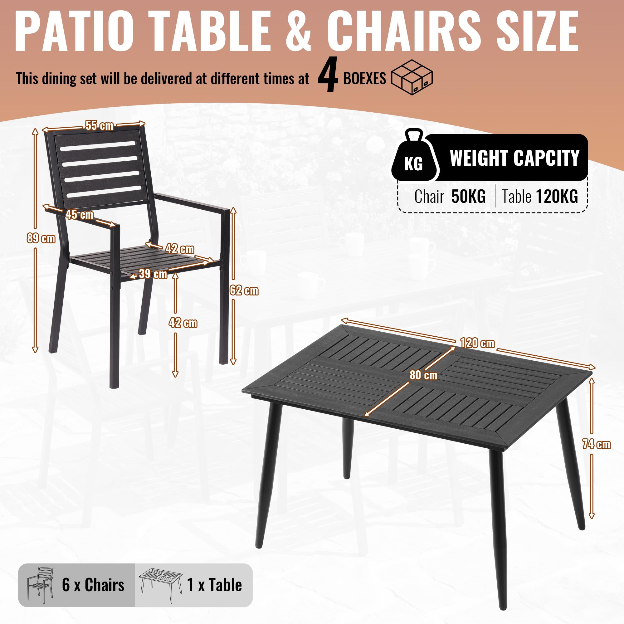 Gartenmöbel Set 4/6 Personen, Wetterfeste Sitzgruppe Outdoor mit Großem Gartentisch und Stapelstühlen, Stabiler Esstisch aus Gusseisen für Garten Terrasse Balkon, Schwarz (1 Tisch + 6 Stühle)
