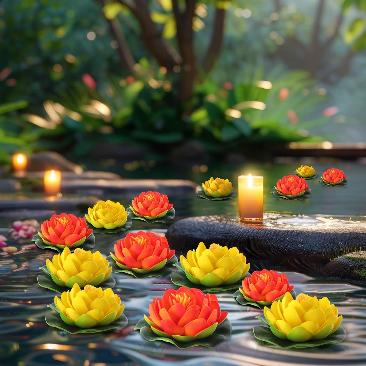 32pcs Diwali Lotus Flower Decor Artificial Floating Lotus Flowers with Lily Pads - Return Gifts for Pooja, Diwali Pooja Bulk Indian Decor Return Gifts, Floating Water Fountain(Orange,Yellow)
