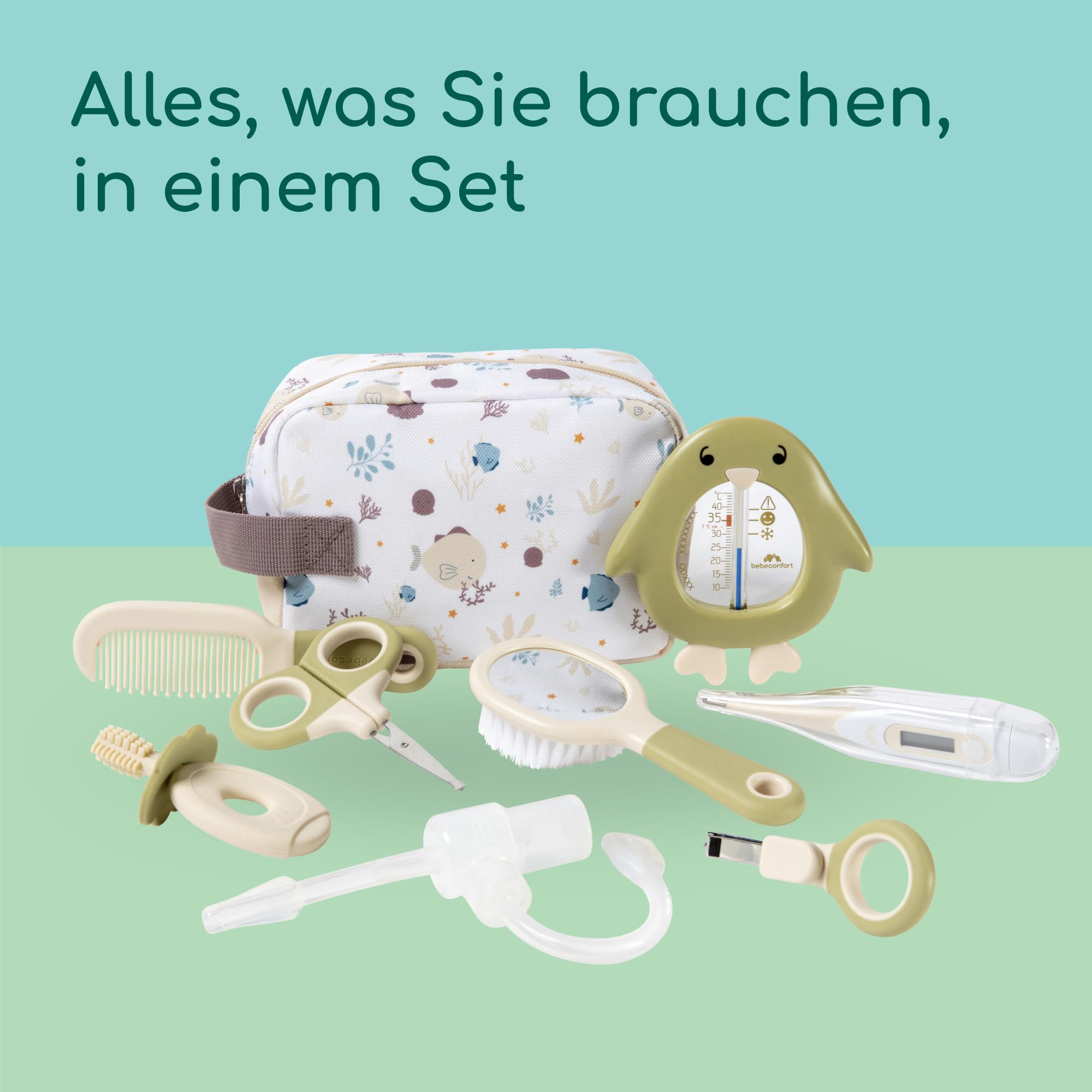 Bebeconfort Hygieneartikel-Set, Babygesundheit und Pflegeset, für Neugeborene ab Geburt, ideal für unterwegs, inklusive Tasche, Under the Sea