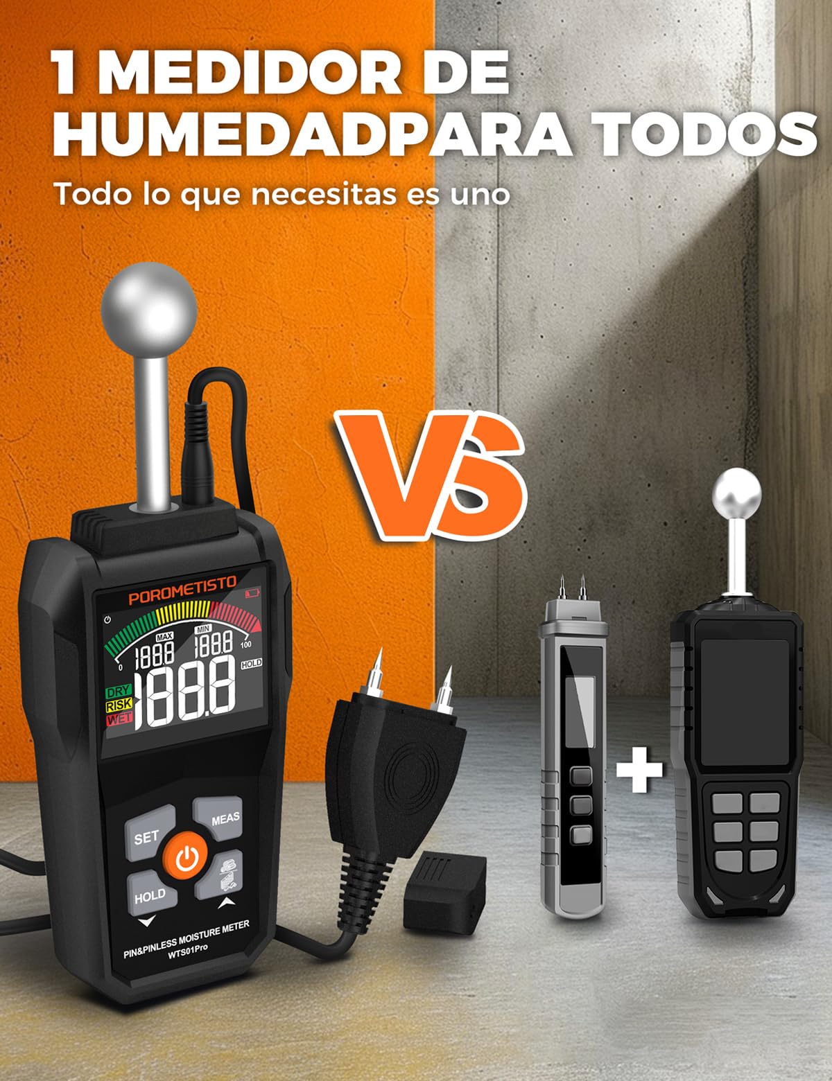 2 EN 1 POROMETISTO Medidor De Humedad WTS01PRO | Pin & pinless pared humedad, escaneo 20-40mm sin daños, mide temp./humedad ambiente. Para madera, paredes, parque