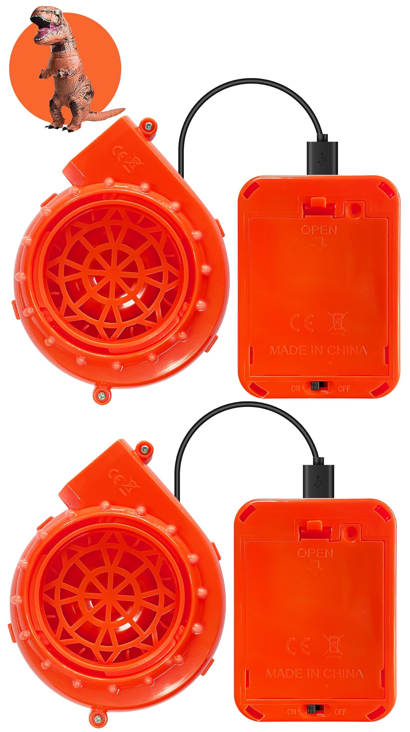 2 Pack Orange Inflatable Fan for Halloween - Dinosaur Costume USB Mini Fan Blower for Cosplay, Party Costumes, Fancy Dress, Mascot Head or Other