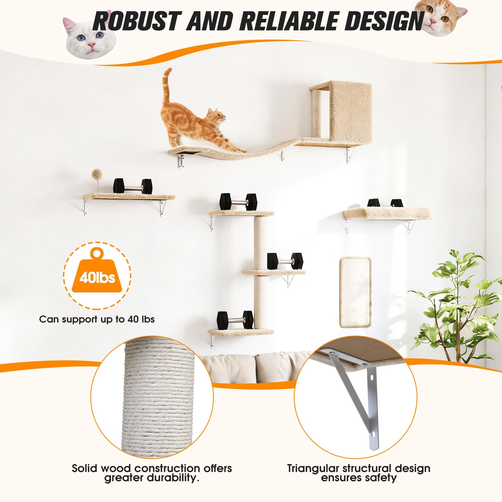 COZIWOW Cat Wall Shelves Set, 5-Piece Wall Mounted Cat Furniture with Cat Tree & Scratching Post, Floating Cat Perches for Indoor Cats（Beige） - image 3