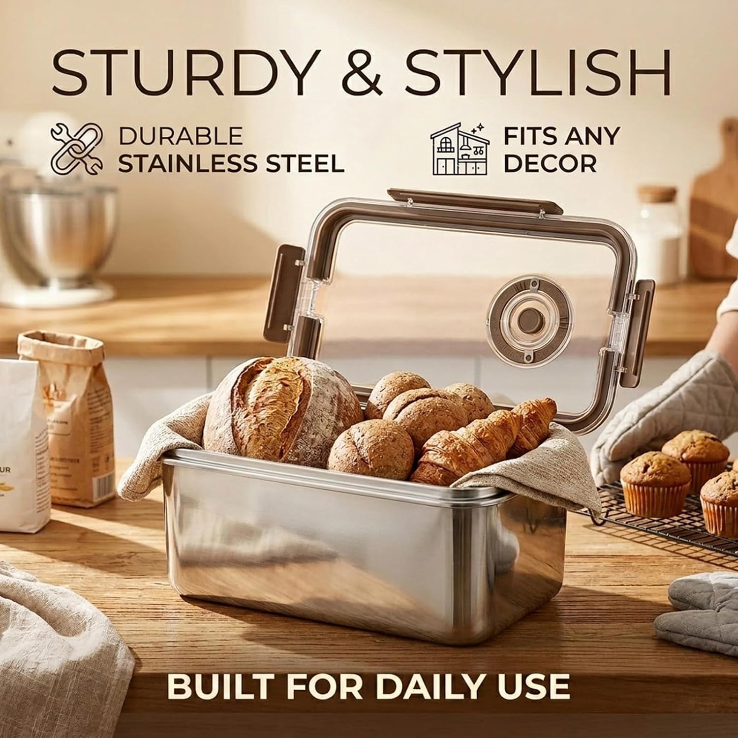 Bread Box for Kitchen Countertop, 304 Stainless Steel Bread Storage Container with Ventilated Lid, Corner Bread Box with Time Recording, Bread Holder Keeper for Homemade Bread,Toast,Bagel and Cookies