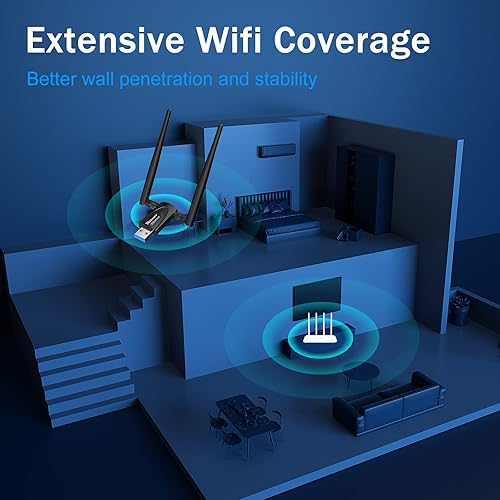 Miniatura 7 de Techkey AC1300Mbps Adaptador inalámbrico WiFi USB para PC de escritorio, Dongle de red con doble banda 2.4GHz400Mbps 5GHz867Mbps 5dBi Antena de alta