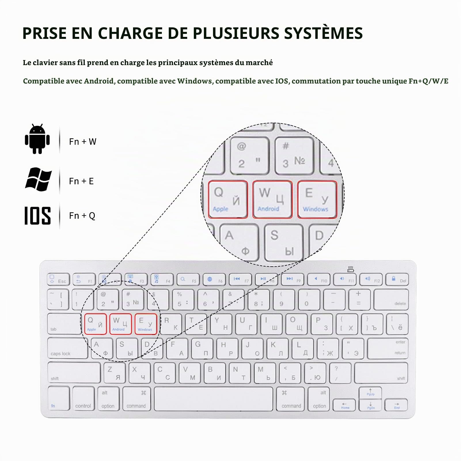 Clavier Russe Bluetooth, 78 Touches Bouton Flottant Ultra-Mince Clavier sans Fil Russe pour Mac, pour Android, pour - Argent Blanc