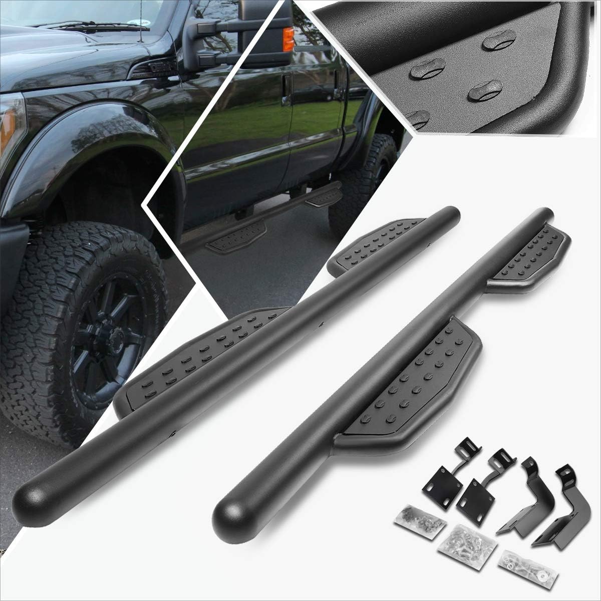 (2Pcs) 3 Inch Black Aluminum Round Tube Nerf Step Bars Side Steps Compatible with Ford Super Duty Crew Cab 99-16
