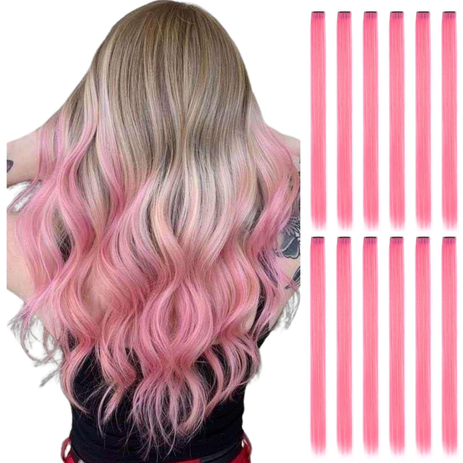 BUMMSEVEN Colored Hair Extensions Clip in for Kids Girls Women, 22 inch Straight, 12 pieces Pink