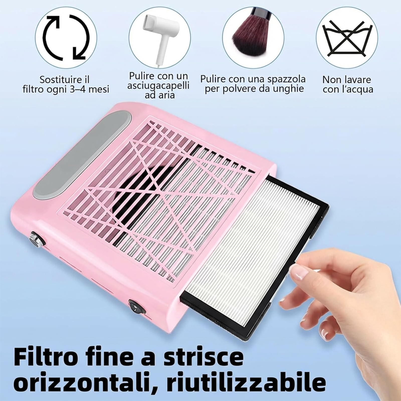VOLTIX Aspiratore Unghie Professionale 80W - Aspirapolvere Unghie Potente, Nail Dust Collector con Filtro Riutilizzabile per Ricostruzione Unghie in Gel e Acrilico, Ideale per Salone e Casa rosa