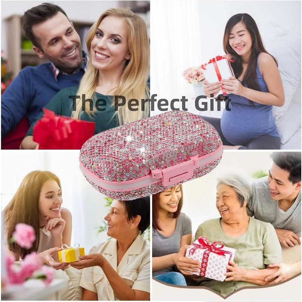 Daily 6 Compartments Pill Box Container Bling Diamond for Purse Medicine Container Holder for Women Travel Kit Medicine (AB Pink) image 5
