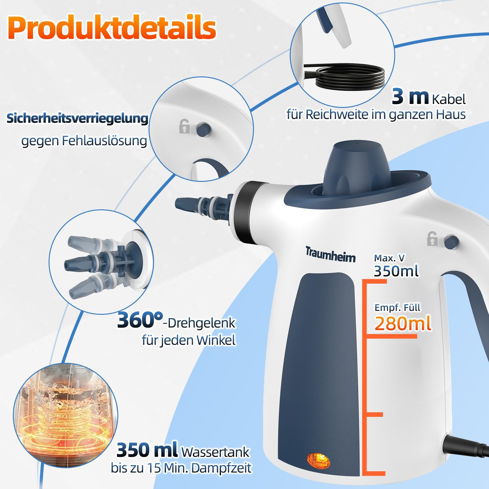 Dampfreiniger,Handdampfreiniger für das Haus Mehrzweck mit 14-teiligem Zubehör,3 Bar Dampfdruck 350ML 1200W chemikalienfreier Dampfreiniger,Reinigung von Küche,Böden, Fliesen, Sofas