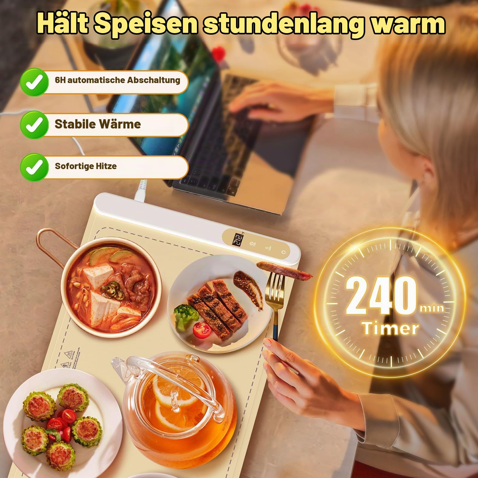 Upgrade Warmhalteplatte für Speisen Speisenwärmer, 5s Graphen Vollflächen Schnellheizung, 6-stufig einstellbare Temperaturregelung, Tragbare Faltbare Heizplatte für Warm Halten oder Auftauen