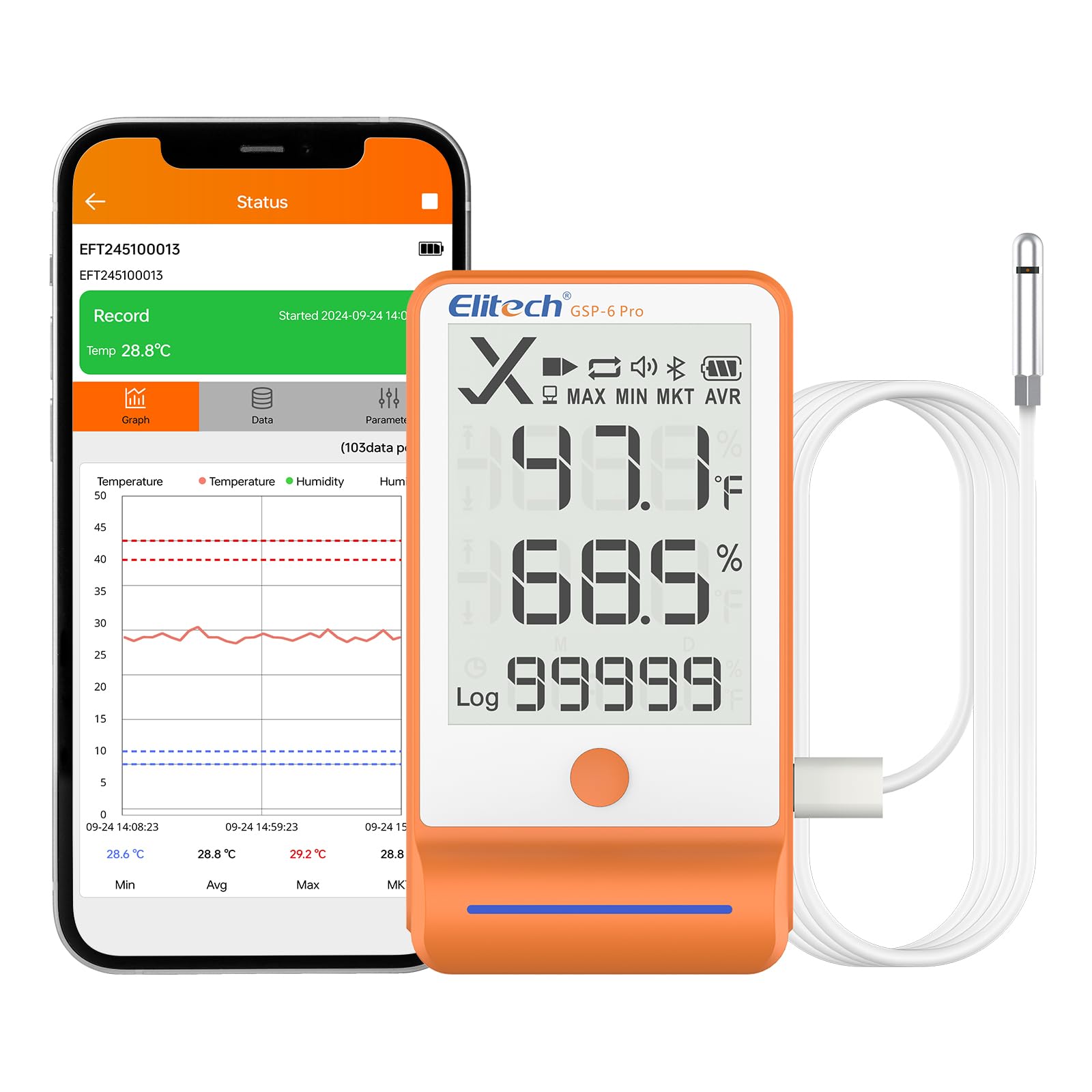 Elitech Bluetooth Data Logger Temperature Humidity for Refrigerator with Shadow Data 100000 Points Data Storage Export, Pharmacy Vaccine DDL Calibration Certificate, MAX MIN AVR MKT GSP-6