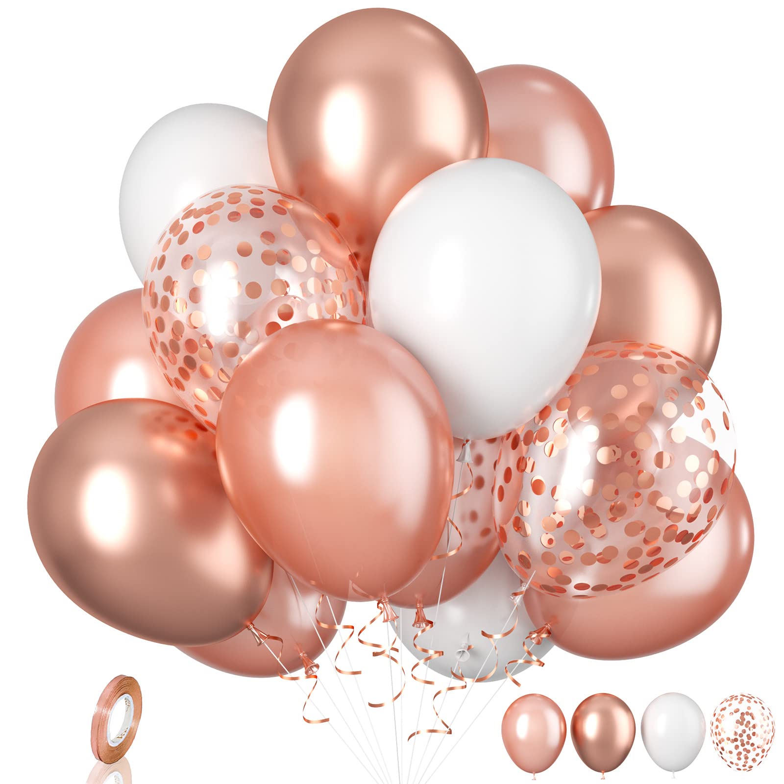 Biapian Metallic Rose Gold Balloons, 20 Pcs Rose Gold White Balloons, 12 Inch Rose Gold Confetti Balloons Pearl White Latex Balloon for Girls Women Birthday Party Bride Baby Shower Wedding Decorations