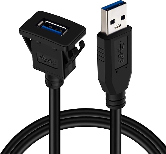 USB 3.0 Mount Cable 1M,TanQY Square Single Port USB 3.0 Panel Flush Mount Extension Cable with Buckle for Car Truck Boat Motorcycle Dashboard (1M/3Ft)