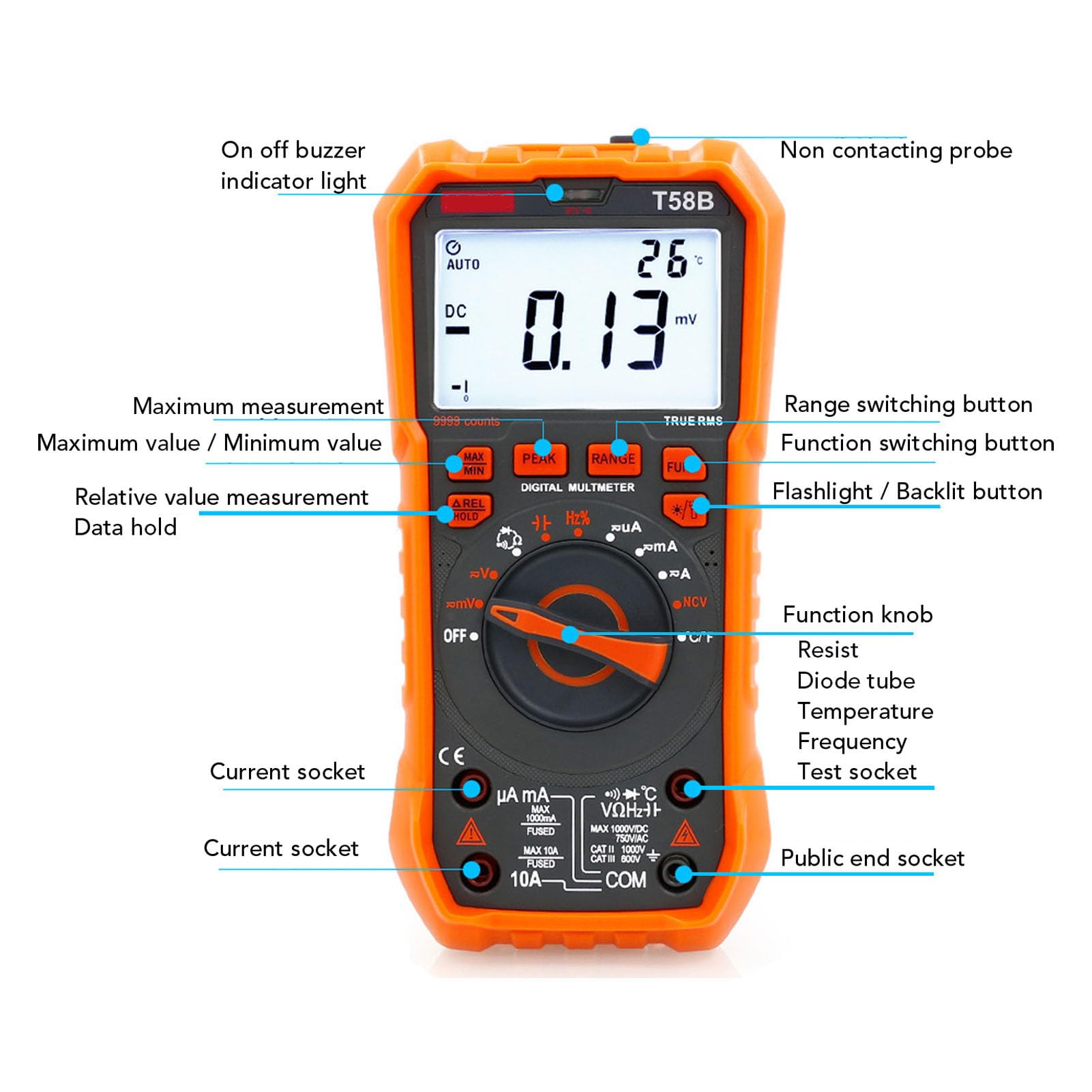 Multimetro Digitale 9999 Counti, T58B Smart CC Ac Tensione Tensione Tester Display Display LED
