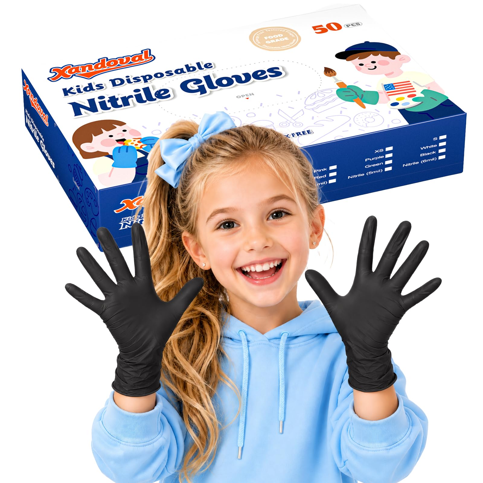 Guanti in nitrile per bambini dai 6 ai 10 anni, guanti monouso neri da 5 mila per lavoro, pulizia, cucina, giardinaggio, vernice, senza lattice e senza polvere (S,50 pezzi)
