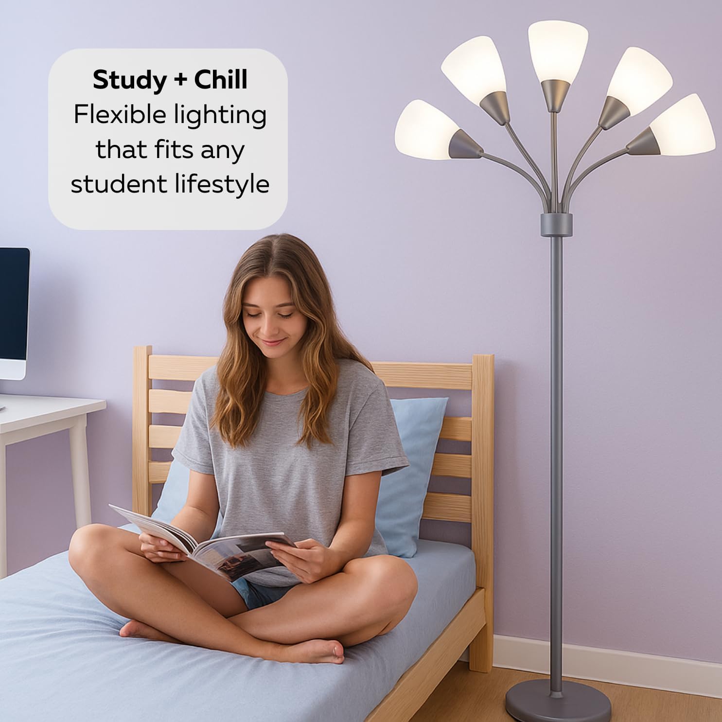 LIGHTACCENTS Medusa 5-Light Floor Lamp – Silver Multi-Head Standing Lamp w/ 5 Adjustable White Acrylic Shades for Bedroom, Living Room, Office