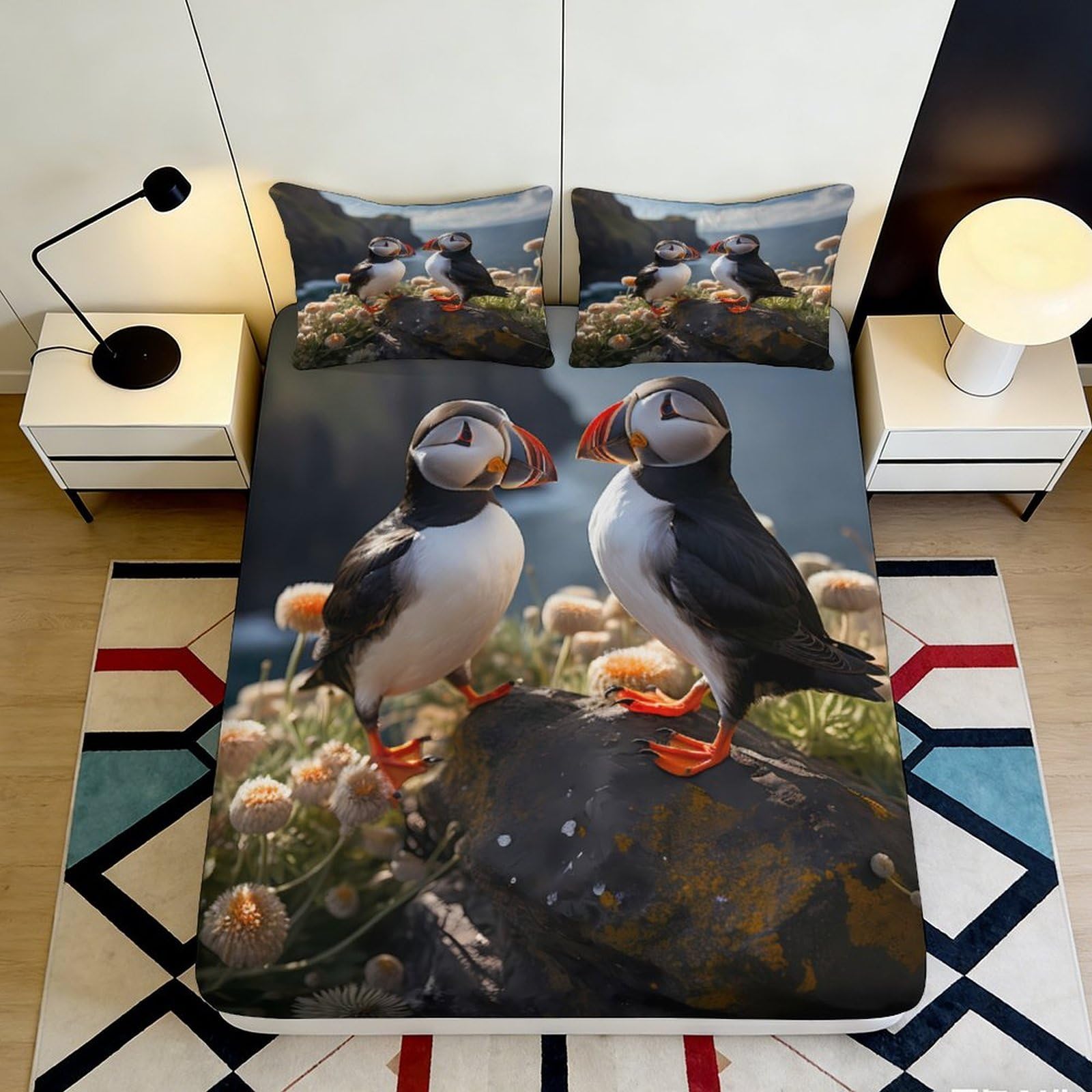 3D Printed Puffin Seaside Fitted Sheet Microfiber Soft Breathable Coastal Meadow Mattress Cover Bedroom Decor 90x200x25cm
