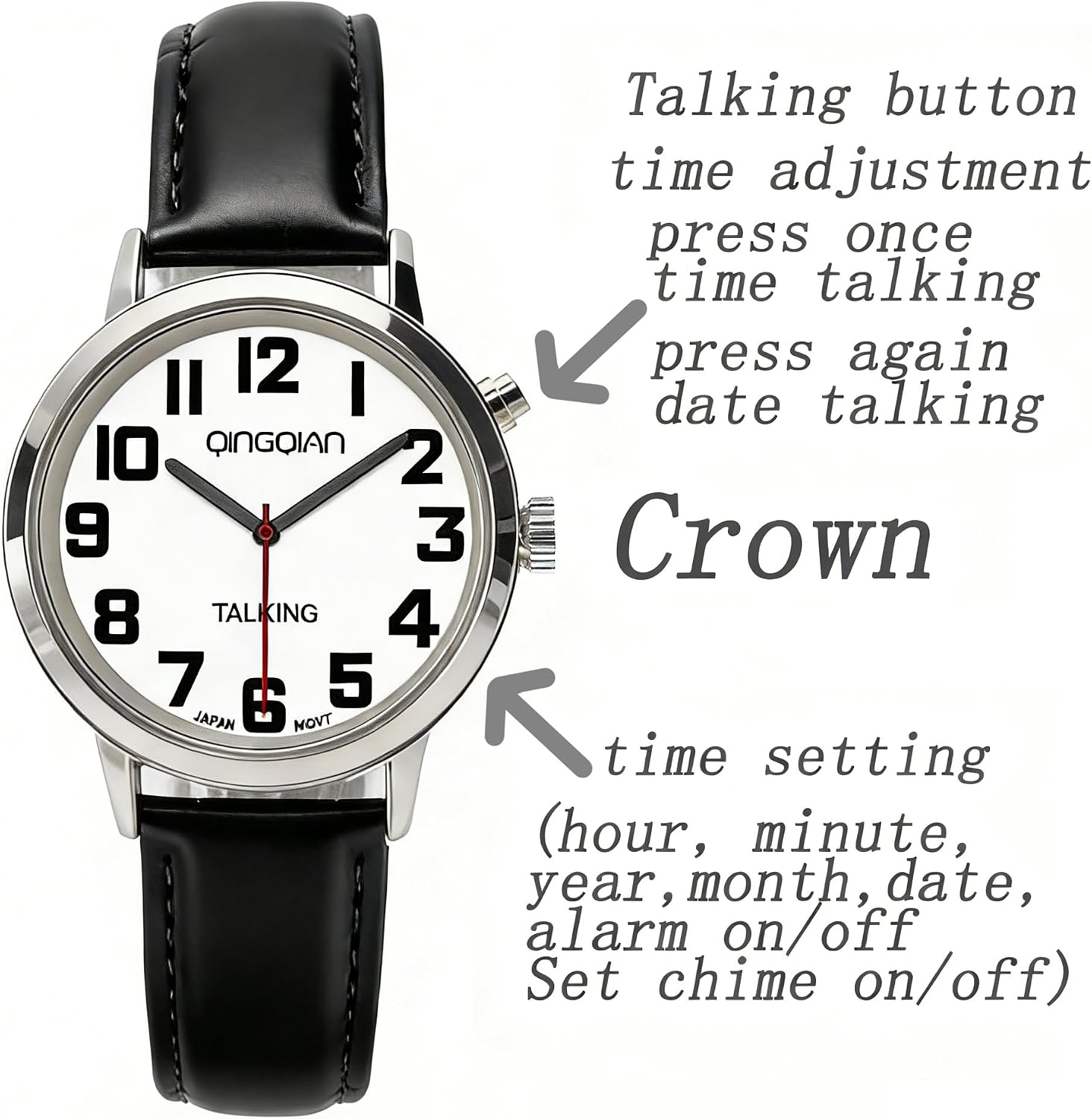 Talking Watch, Large Number Display, Black Leather Band, Silver Case