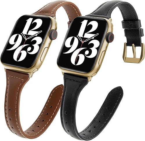 Paquete de 2 correas delgadas de cuero genuino compatibles con Apple Watch Band de 1.496 pulgadas, 1.575 pulgadas, 1.614 pulgadas, 1.654 pulgadas,