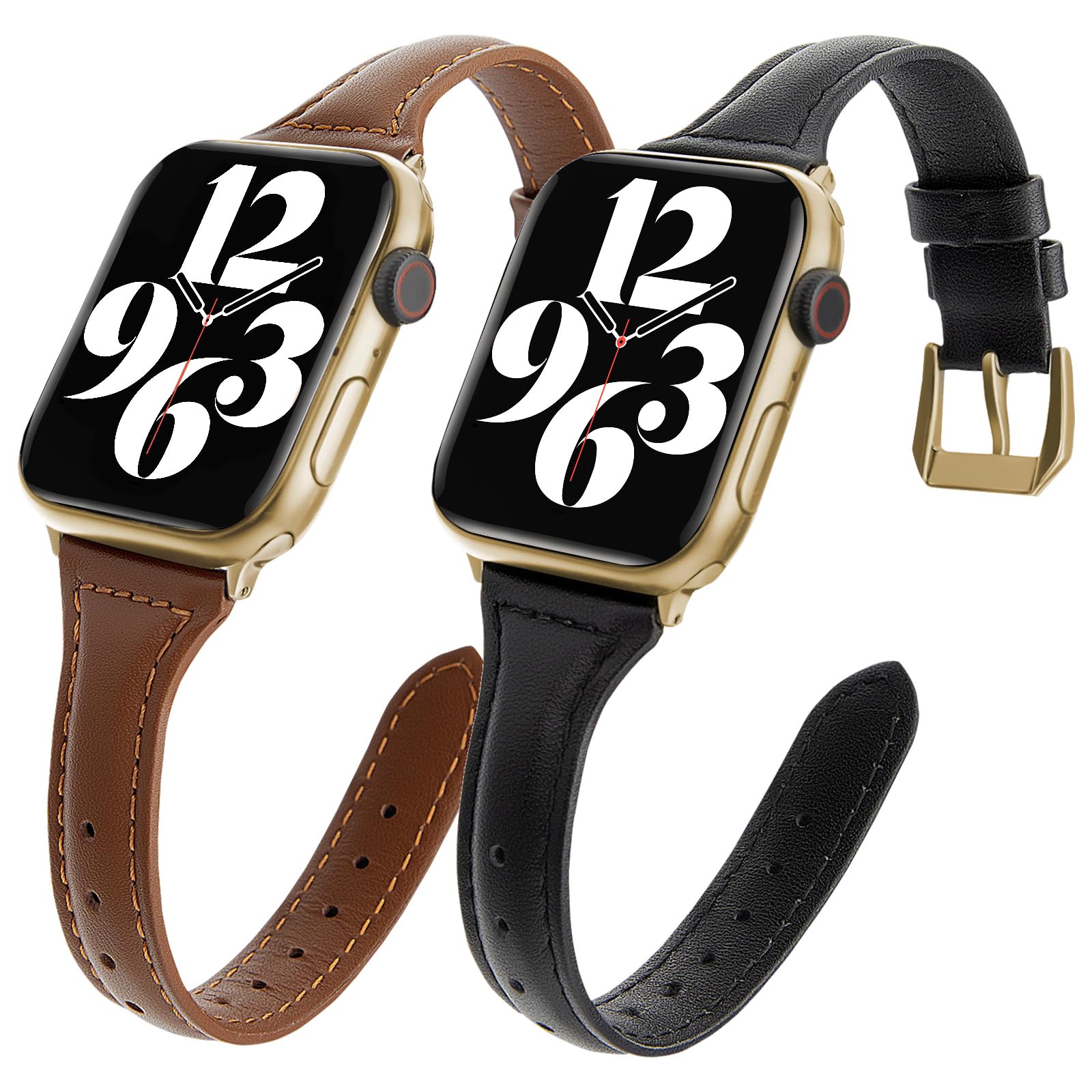2 pack Slim Genuine Leather Bands Compatible with Apple Watch Band 38mm 40mm 41mm 42mm 44mm 45mm 49mm,Top Layer Leather Watch Thin Women Men Straps
