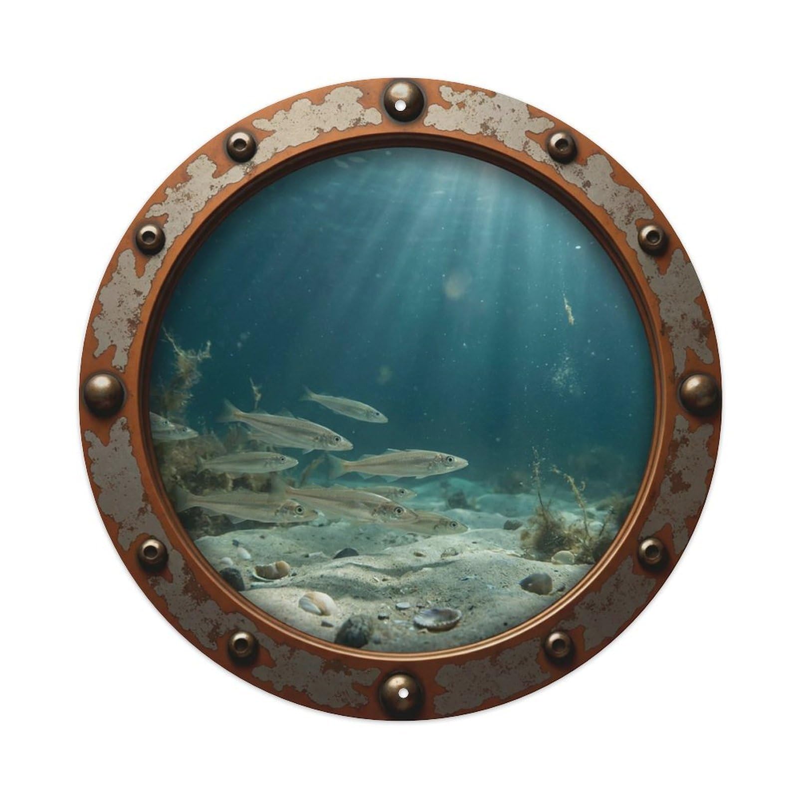 Gead 8X8inch Style Vintage Porthole Whiting Fish Nautical Window View Metal Tin Sign