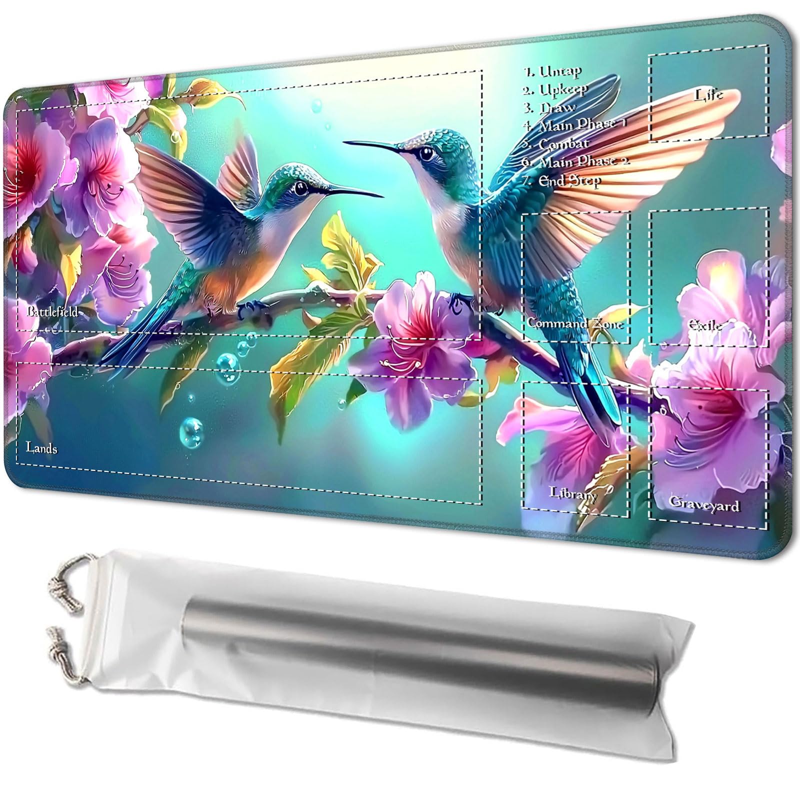 Playmat for MTG, Game Mat 24 x 14 inches, with Free Storage Bags, TCG and Board Game Mat for Cards, Ideal for Card Game Enthusiasts, Two Hummingbirds