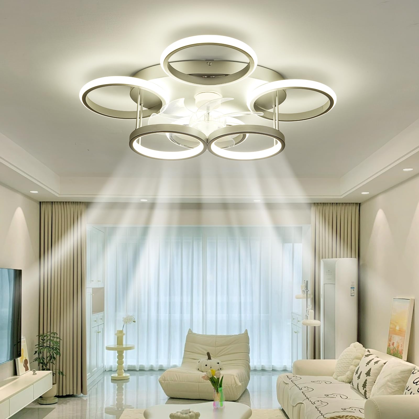 Photo 1 of 25.6-inch Ceiling Fan with Light Remote Control, LED Modern Dimmable for Study Living Bedroom, Nordic Low Profile Flush Mount Smart Ceiling Fan Light, Assembly Required (Silver)