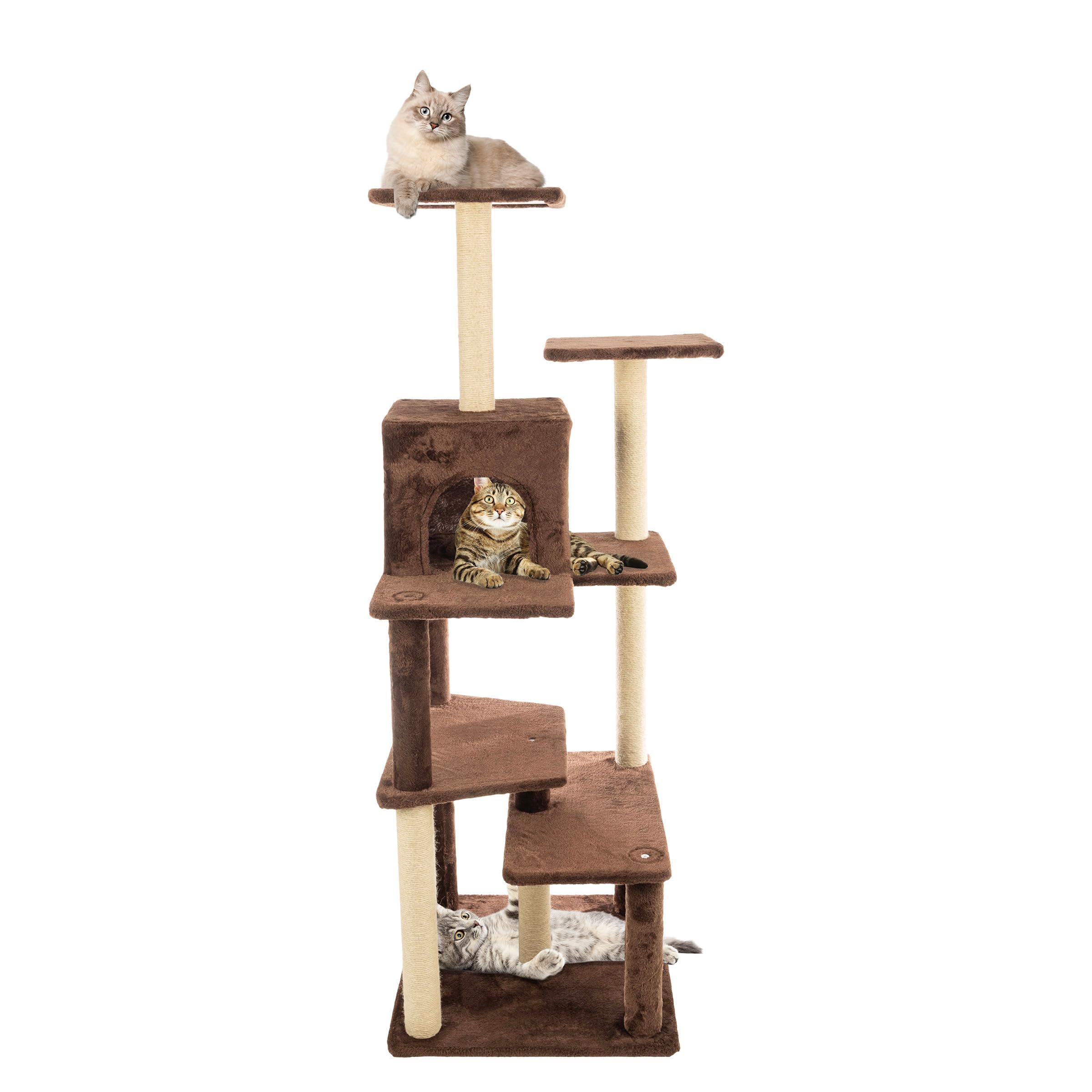 64 Inch Tall Cat Tree Tower - Cat Tower with Kitten Condo, Climbing Perches, and 5 Jute Rope Scratching Posts - Multi-Level Kitten Tree and Climbing Activity Furniture by PETMAKER (Brown)
