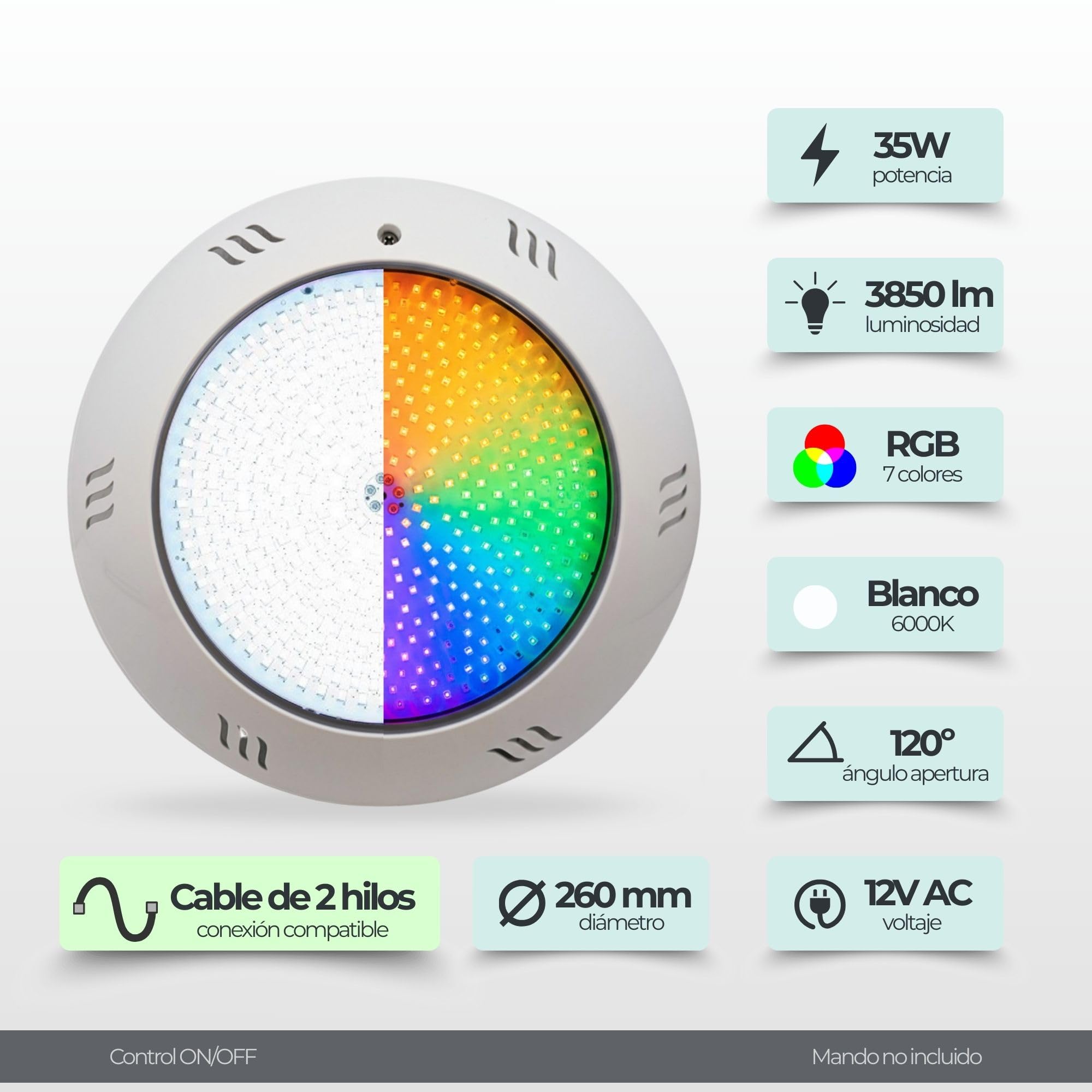 SWIMHOME Warmpool Foco LED para Piscina Resina Epoxy 35W RGB y Blanco 6000K con Memoria para Piscinas de Hormigón