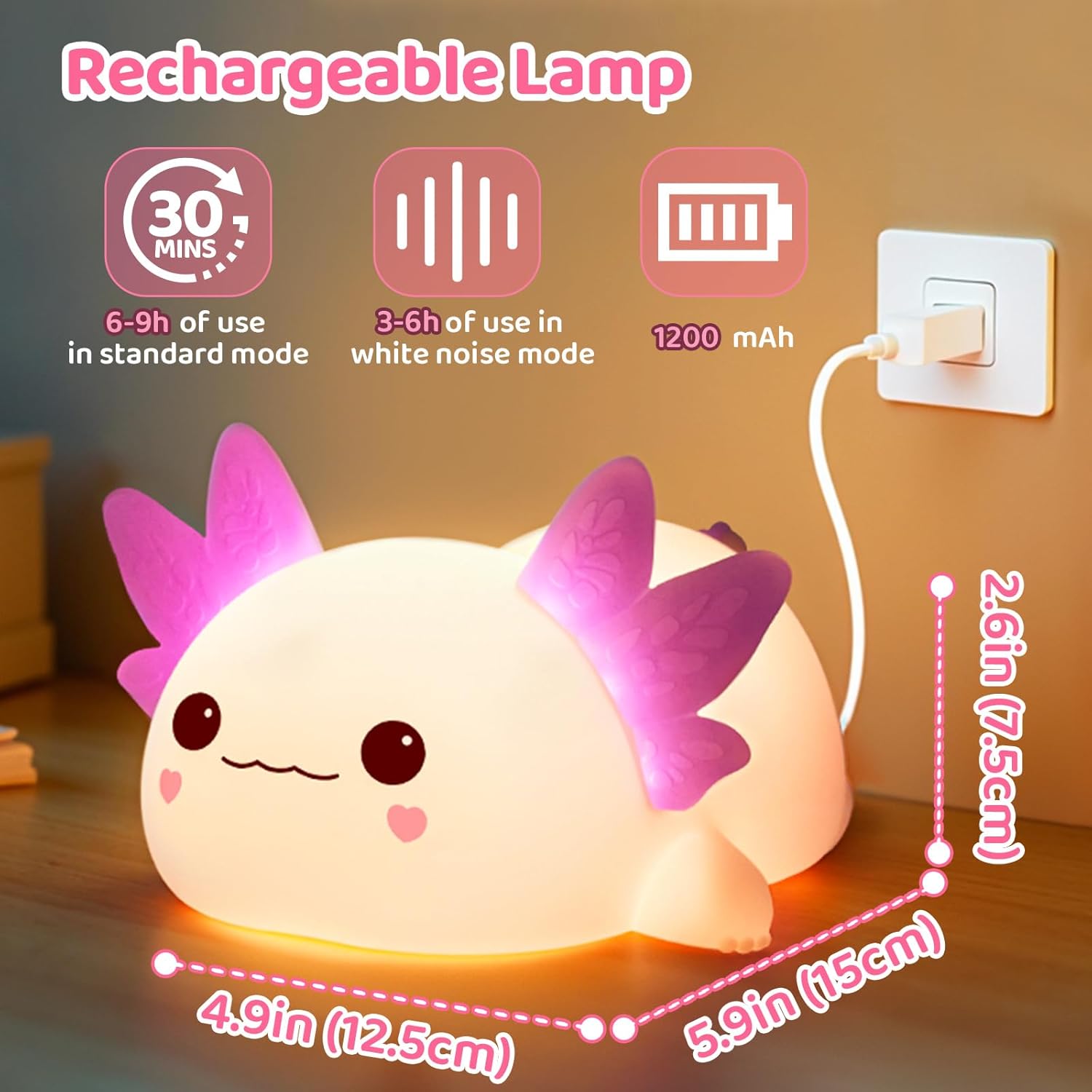 MeWaii Axolotl Lampe Veilleuse Silicone Tactile pour Enfants, Veilleuse Rechargeable avec 3 Niveaux de Luminosité et 4 Sons Apaisants, Lampe de Chevet pour Bébé et Enfant,Cadeau Décoratif Chambre Bébé — vue 5
